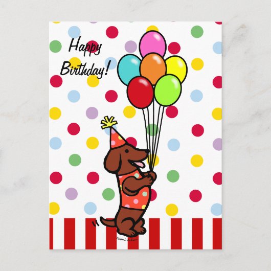 Dackel Birthday Cartoon Balloons Postkarte (Vorderseite)