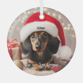 Dackel "Black and Tan" Welpe mit Weihnachtsmannmüt Ornament Aus Glas (Vorderseite)