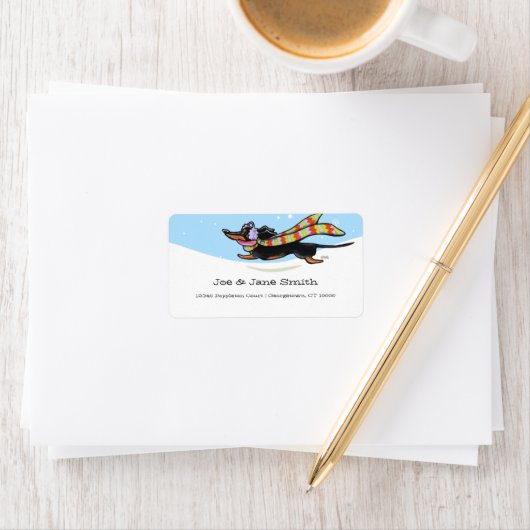 Dackel "Black Tan" Cold Run Winter Adressaufkleber (Insitu)