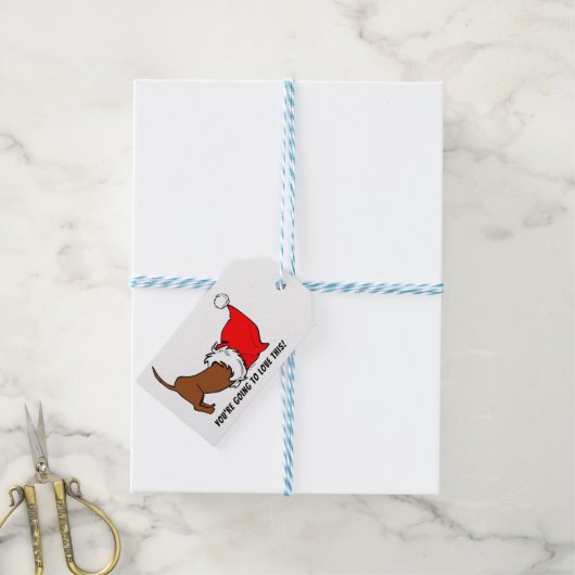 Dackel Cartoon Weihnachtsmannmütze Weihnachtsgesch Geschenkanhänger (Mit Garn)