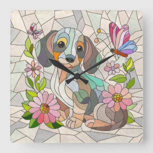 Dackel - Dackel - farbiges Mosaik Quadratische Wanduhr