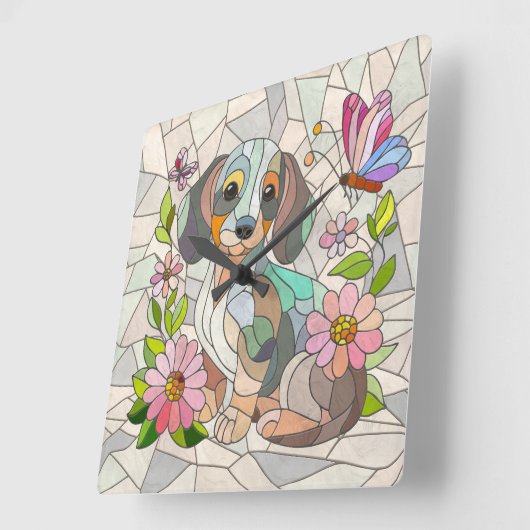 Dackel - Dackel - farbiges Mosaik Quadratische Wanduhr (Winkel)