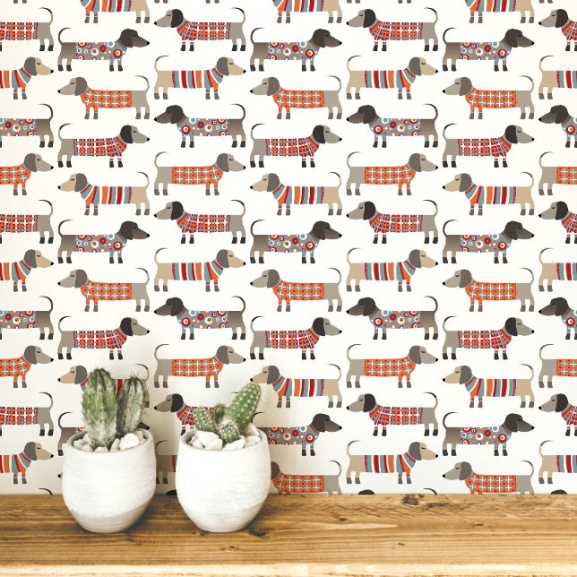 Dackel Dackel Wursthund Tapete (Fun Dachshund Wiener Sausage Dogs in sweaters pattern peel and stick wallpaper)