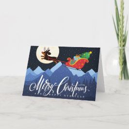 Dackel Deer Sleigh Mountain Moon Snow Xmas Feiertagskarte
