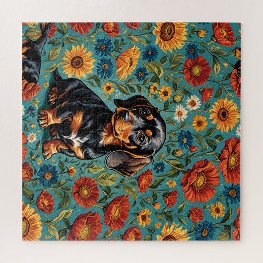 "Dackel der Blumen - farbenfrohe Hunde-Puzzle" Puzzle (Horizontal)