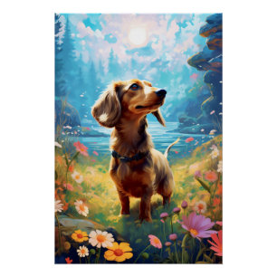 Dackel, die eine Wiese erforscht Poster