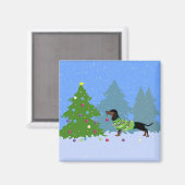 Dackel, die Weihnachtsbaum im Wald schmückt Magnet (Vorderseite/Rückseite)