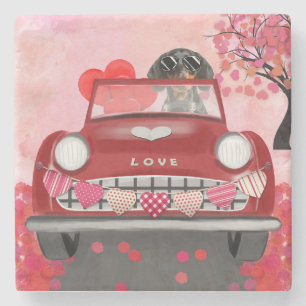 Dackel Dog Autofahren Auto mit Herz Valentin Steinuntersetzer