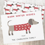 Dackel Dog Fun Feiertagskarte<br><div class="desc">Niedliche und bezaubernde Dackel Wurst oder Dackel Hund in einem festlich rot-weiß gestrickten Pullover. Ändern Sie die Namen und den Gruß zu personalisieren. Originelle Kunst von Nic Squirrell.</div>