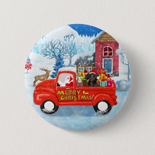 Dackel Dog in Christmas Delivery LKW Schnee Button (Vorderseite)