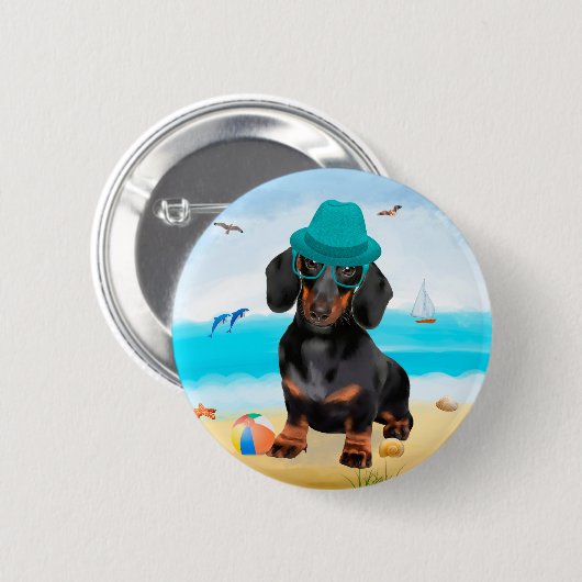 Dackel Dog on Beach Button (Vorne & Hinten)