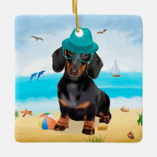 Dackel Dog on Beach Keramikornament (Vorderseite)