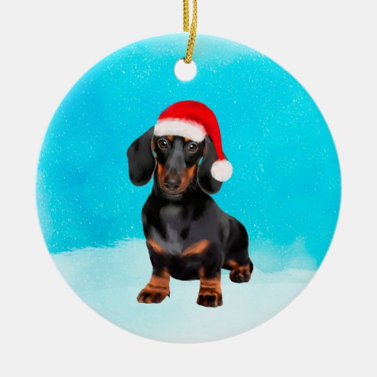 Dackel Dog On Beach Weihnachtshut Keramik Ornament (Vorne)