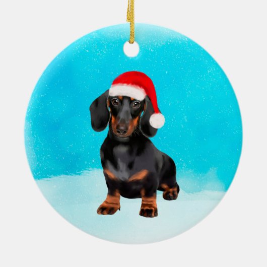 Dackel Dog On Beach Weihnachtshut Keramik Ornament (Hinten)