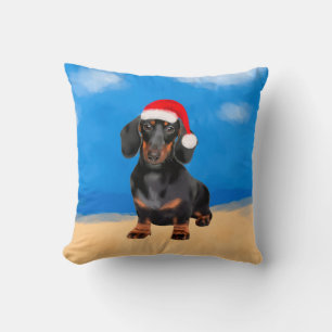 Dackel Dog On Beach Weihnachtshut Kissen
