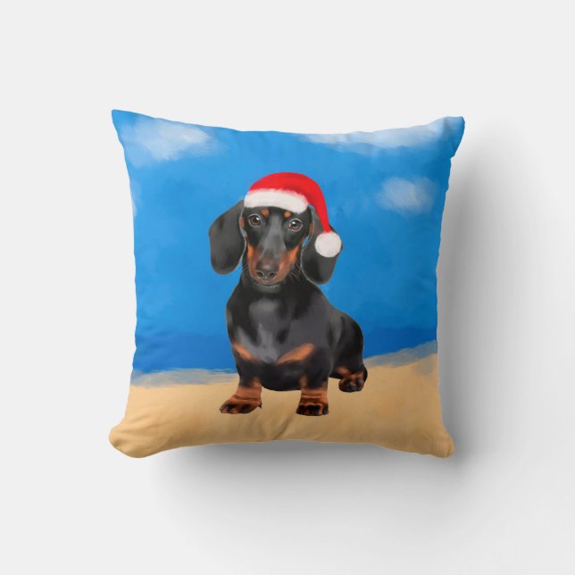 Dackel Dog On Beach Weihnachtshut Kissen (Vorderseite)