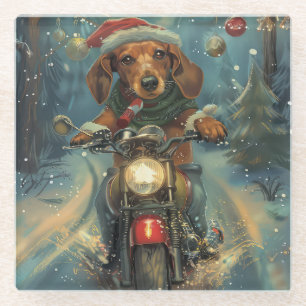 Dackel Dog Riding Motorrad Weihnachten Glasuntersetzer