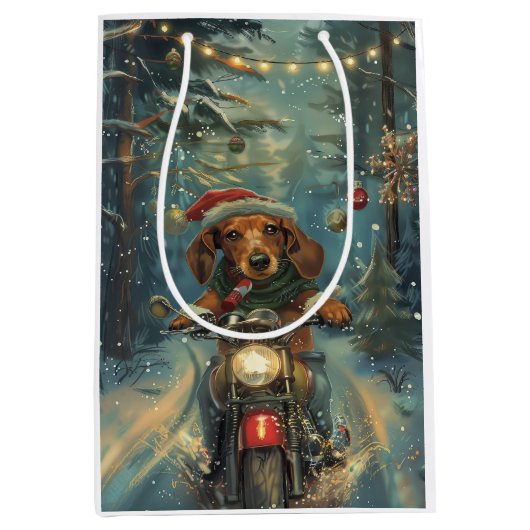 Dackel Dog Riding Motorrad Weihnachten Mittlere Geschenktüte (Vorderseite)