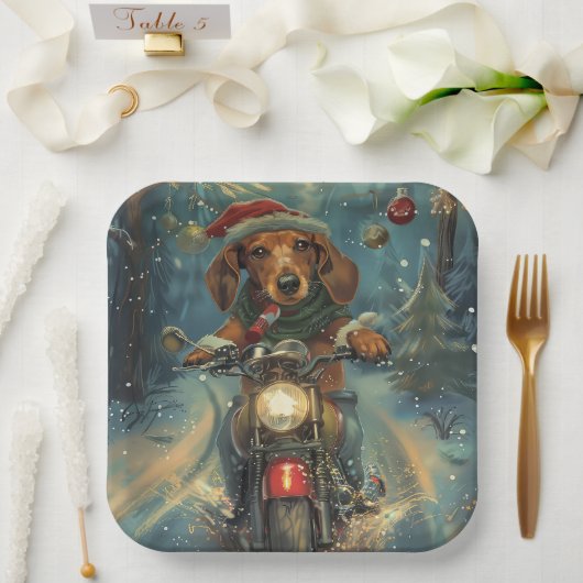 Dackel Dog Riding Motorrad Weihnachten Pappteller (Hochzeit)