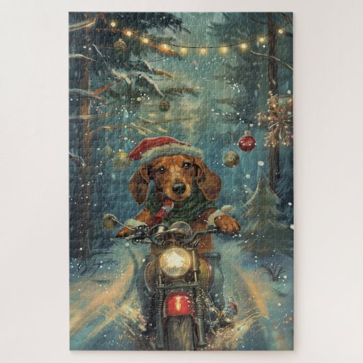 Dackel Dog Riding Motorrad Weihnachten Puzzle (Vertikal)