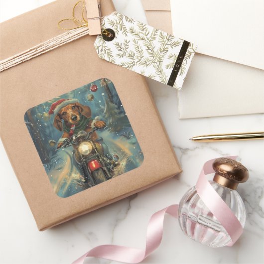 Dackel Dog Riding Motorrad Weihnachten Quadratischer Aufkleber (Schenken)