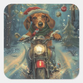 Dackel Dog Riding Motorrad Weihnachten Quadratischer Aufkleber (Vorderseite)