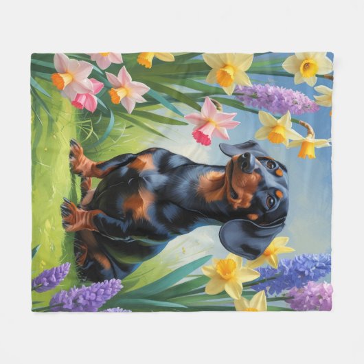 Dackel Dog Spring Blumen Malerei Fleecedecke (Vorderseite (Horizontal))