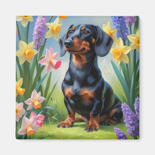 Dackel Dog Spring Blumen Malerei Magnet (Vorne)