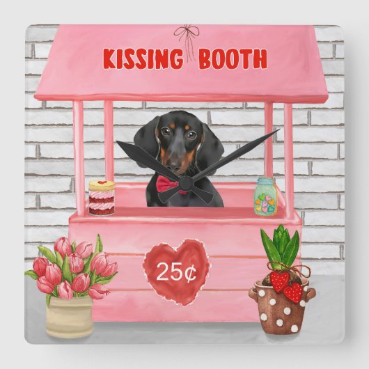 Dackel Dog Valentine's Day Kissing Booth Quadratische Wanduhr (Vorderseite)