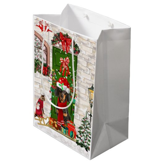 Dackel Dog Weihnachten Mittlere Geschenktüte (Rückseite Schrägansicht)