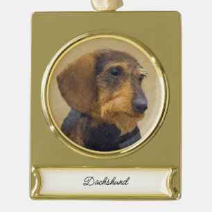 Dackel (Drahthaar) Malerei Original Dog Art Banner-Ornament Gold