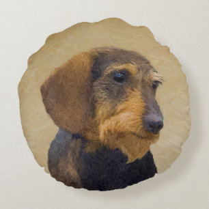 Dackel (Drahthaar) Malerei Original Dog Art Rundes Kissen