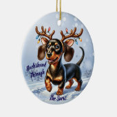 Dackel durch den Schnee Keramik Ornament (Rechts)