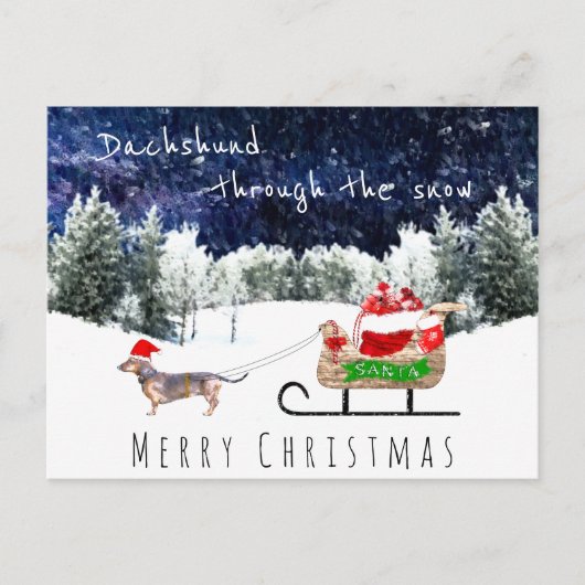 Dackel durch den Schnee niedliche Hundeschlittenpo Postkarte (Vorderseite)