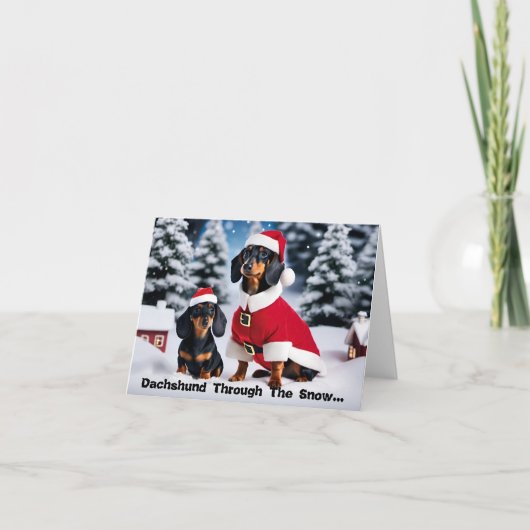 Dackel durch den Schnee... Weihnachtskarte Feiertagskarte (Vorderseite)