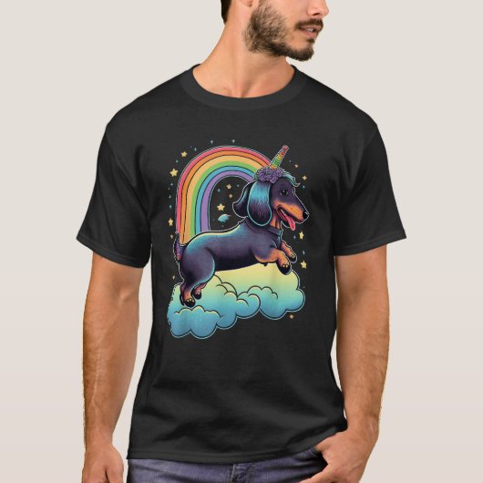 Dackel Einhorn auf Regenbogen Einhorn Dackel T S T-Shirt (Vorderseite)