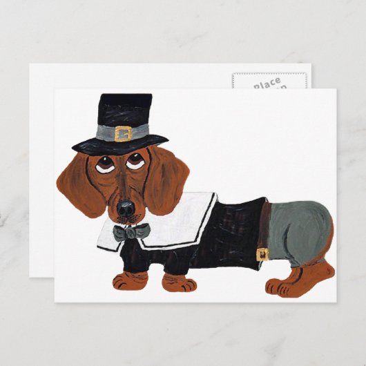 Dackel Erntedank Pilgrim Feiertagspostkarte (Vorne/Hinten)