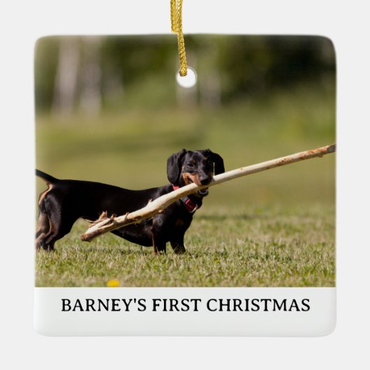 DACKEL Erstes Weihnachtsjahr Foto Jahr Keramikornament (Vorderseite)