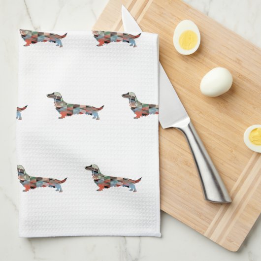 Dackel Geo Silhouette Kariert Geschirrtuch (Viertel Falte)