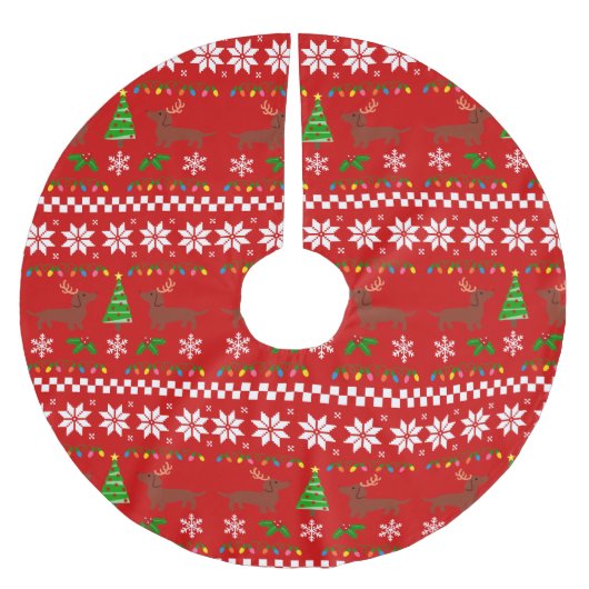 Dackel-Geweih-hässliches Weihnachtsmuster Polyester Weihnachtsbaumdecke (Vorderseite)