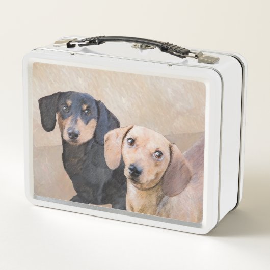 Dackel (glatt) Gemälde - Originale Hundekunst Metall Brotdose (Rückseite)