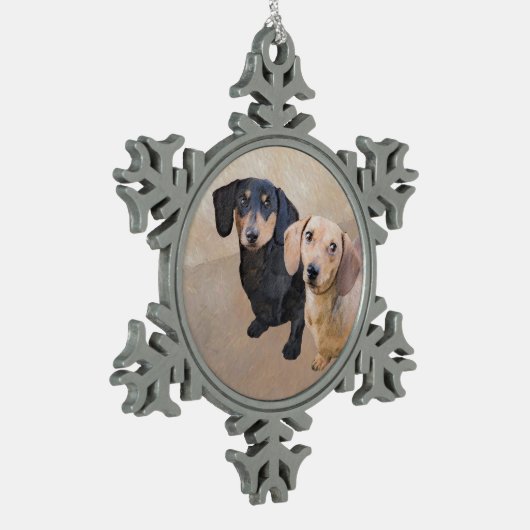 Dackel (glatt) Gemälde - Originale Hundekunst Schneeflocken Zinn-Ornament (Links)
