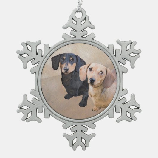 Dackel (glatt) Gemälde - Originale Hundekunst Schneeflocken Zinn-Ornament (Vorderseite)