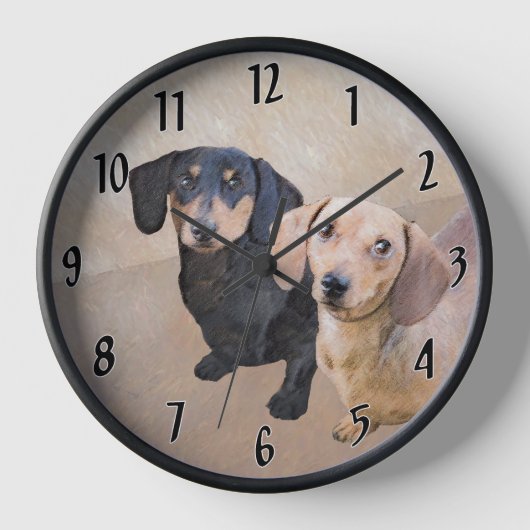 Dackel (glatt) Gemälde - Originale Hundekunst Uhr (Vorderseite)