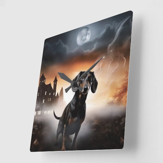 Dackel Halloween Beängstigend Quadratische Wanduhr (Winkel)