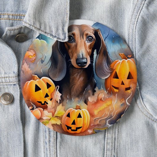 Dackel Halloween mit Pumpkins Beängstigend Button (Beispiel)