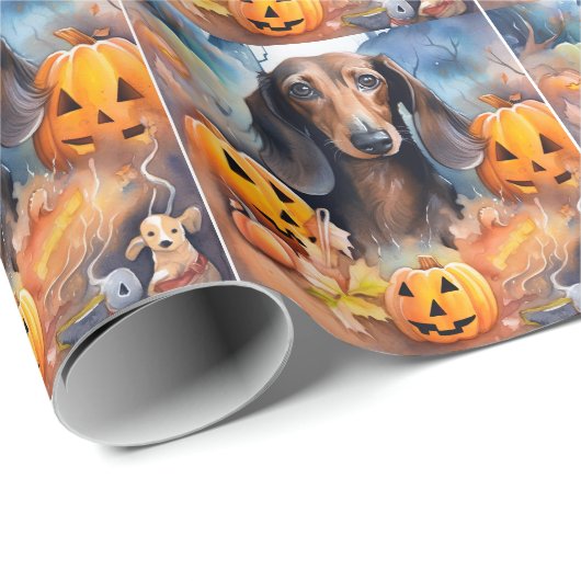 Dackel Halloween mit Pumpkins Beängstigend Geschenkpapier (Rolleneckpunkt)