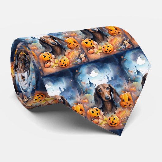 Dackel Halloween mit Pumpkins Beängstigend Krawatte (Gerollt)