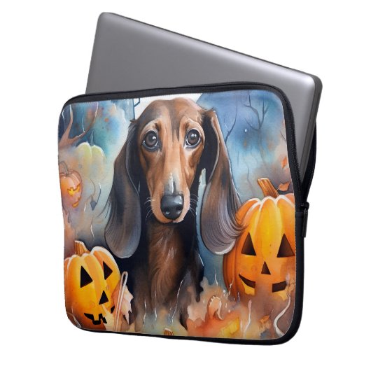 Dackel Halloween mit Pumpkins Beängstigend Laptopschutzhülle (Vorderseite Links)