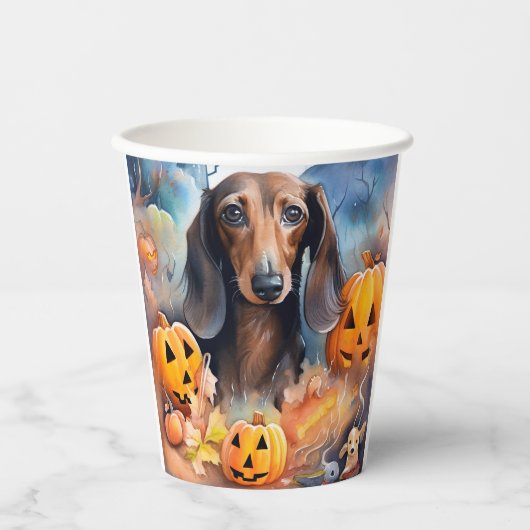 Dackel Halloween mit Pumpkins Beängstigend Pappbecher (Vorderseite)